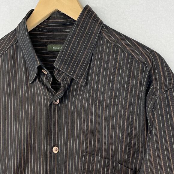 ERMENEGILDO ZEGNA Shirt Mens XL Striped Herringbone Twill Button Up Cotton Brown - Picture 1 of 15